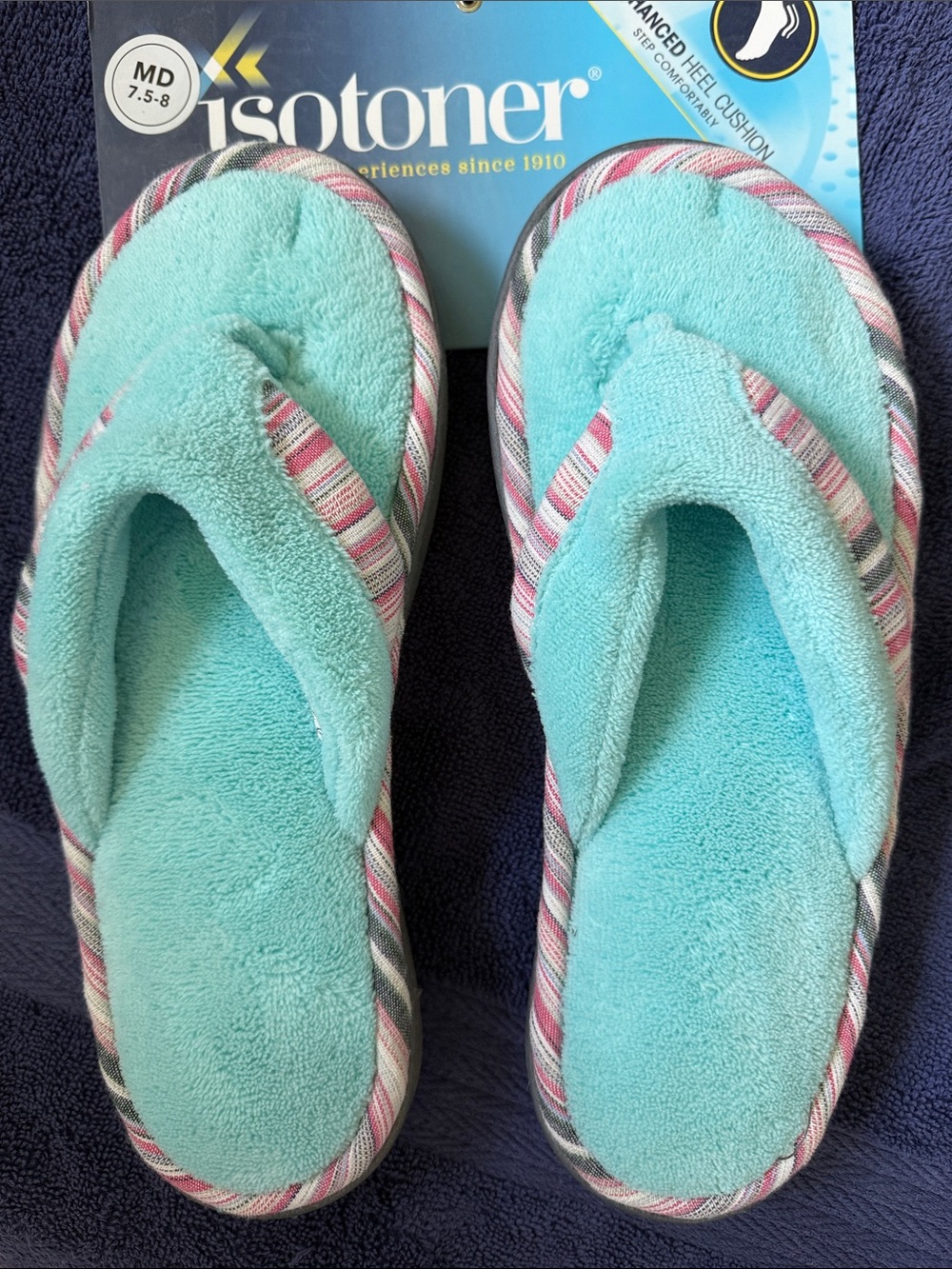 isotoner Aqua Plush Flip Flop Slippers with Pink-Striped Trim